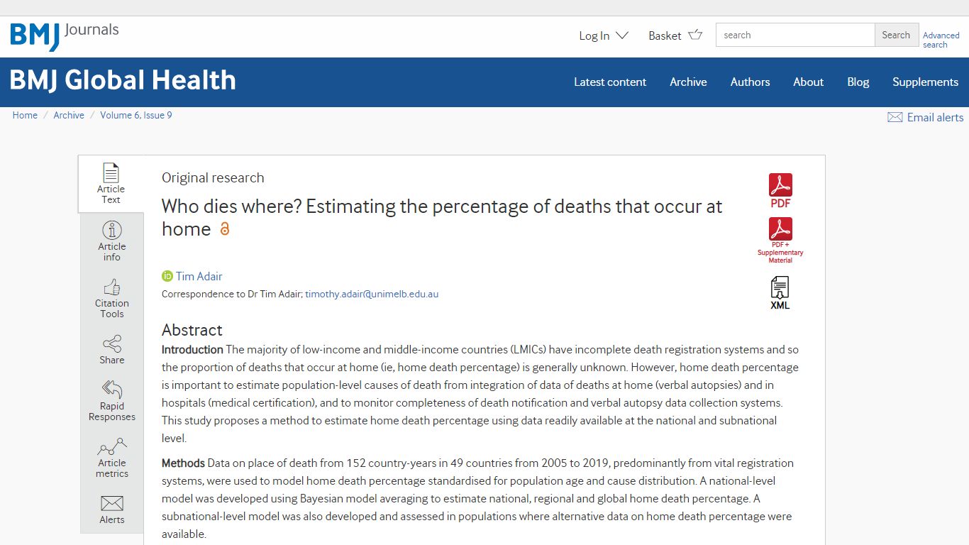 Who dies where? Estimating the percentage of deaths that occur at home ...